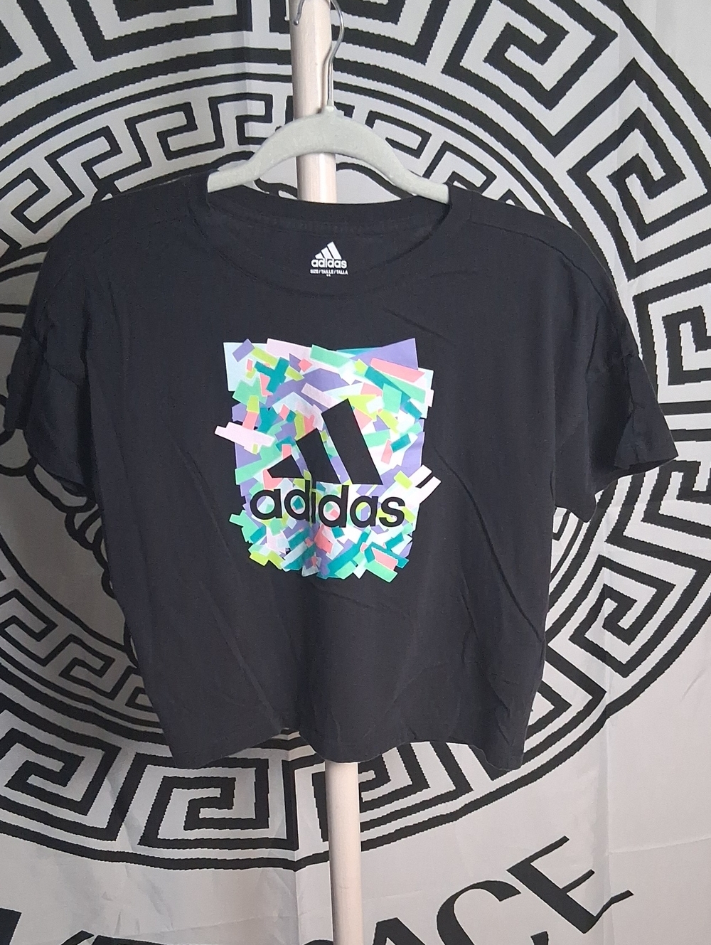 adidas Black Kids Short-Sleeve Tee with Multicolor Confetti Logo